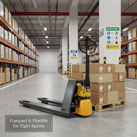 Super Heavy Duty Electric Pallet Jack With 4400 Lb Capacity And Dual Drive Modes For Tough Warehouse Work That Cracks Like A Whip in warehouse aisle.