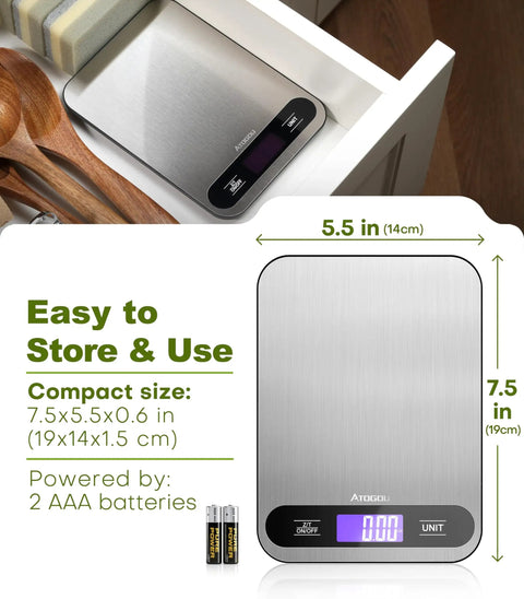 Digital Kitchen Scale With 33Lb Capacity 1g Precision And Four High Precision Sensors shown on a counter and in a drawer
