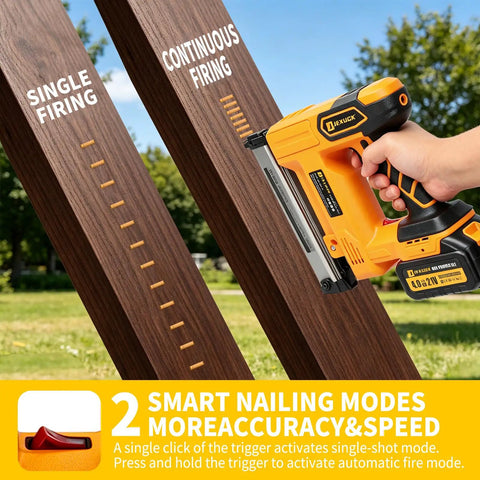 Cordless Brad Nailer 18 Gauge Electric Finish Nail Gun With Two High Capacity Batteries And 200 Piece Kit in action showing single and continuous firing modes.