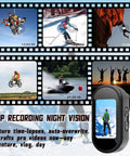 Ultra Compact 4K Sports Action Camera With 140 Degree Wide Angle Wearable Body Cam featuring action shots and loop recording display.