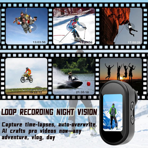 Ultra Compact 4K Sports Action Camera With 140 Degree Wide Angle Wearable Body Cam featuring action shots and loop recording display.