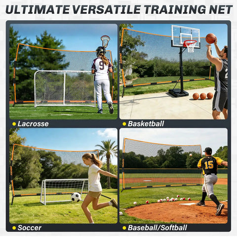 Multisport uses of 16x10 Ft Backstop Net For Baseball Soccer Basketball And Lacrosse All Sport Backyard Practice Net