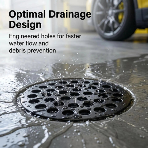 Solid 4.5 Inch Cast Iron Floor Drain Cover Round Heavy Duty Drain Strainer For Bathrooms And Patios Bombproof Grime Guard with engineered holes.