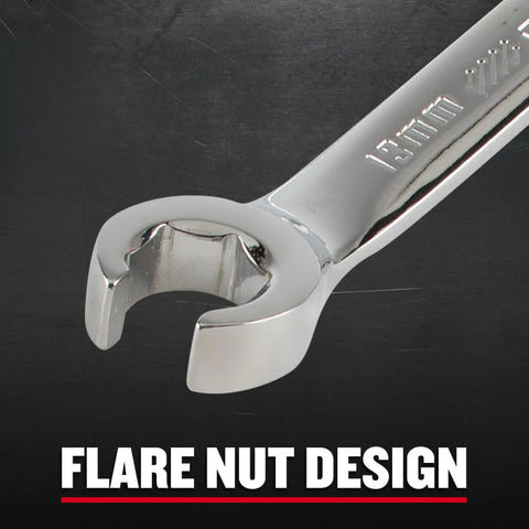 Close-up of 5 Piece Flare Nut Wrench Set Metric MM with polished finish showing oversized wrenching surface for soft metals like aluminum.