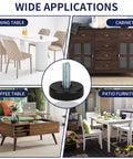 Adjustable 1/4-20 Thread Furniture Feet Levelers used on dining tables, cabinets, coffee tables, and patio furniture