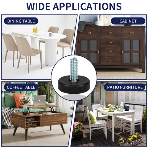 Adjustable 1/4-20 Thread Furniture Feet Levelers used on dining tables, cabinets, coffee tables, and patio furniture