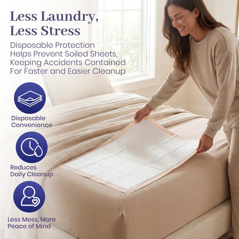 Heavy Duty Disposable Underpads 200 Count 30 X 36 Inches Ultra Absorbent Bed Pads for Incontinence on bed for easy cleanup.