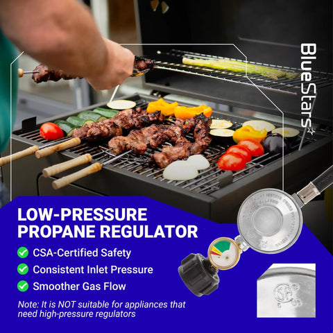 CSA Certified Propane Hose Regulator With Gauge displayed with grilled food and grill in background, low-pressure regulator.