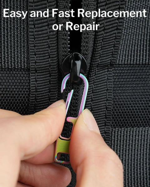 Hand using Beefed Up Heavy Duty Titanium Zipper Pull Replacement Kit on a black bag for easy zipper repair.