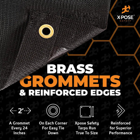 Close-up of Heavy Duty Mesh Tarp 12 By 26 Feet with brass grommets, reinforced edges, text overlay highlights features.