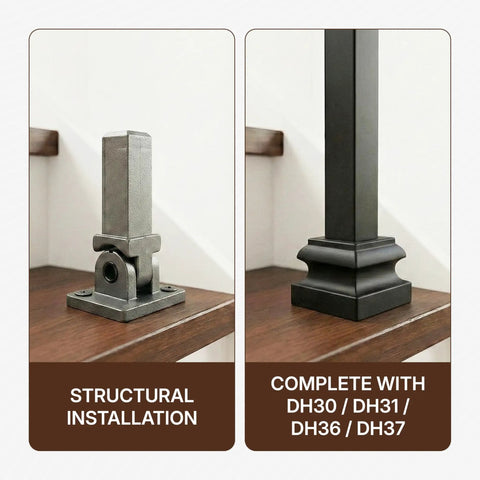 Swivel Baluster Connector for Half Inch Square Balusters installed on staircase, shown with compatible base, structural mount view