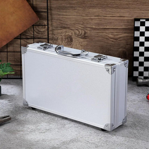 Side view of Portable Aluminum Alloy Toolbox Case With Handle, Multi Purpose Carry Box for home, school, travel.
