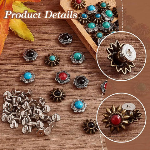 40 Piece Coin Screw Rivets And Decorative Buckles Featuring Eight Killer Sunflower Castings Heavy Duty Screw Back Buttons for leather crafts.