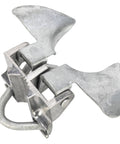 Close-up of a Chain Link Butterfly Gate Latch For One And Three Eighths Inch Gate Frame And Two And Three Eighths Inch Post, durable and rust resistant.