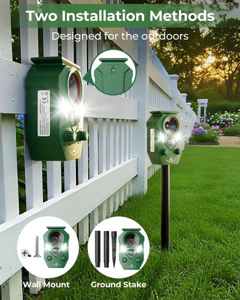 Motion Activated Solar Ultrasonic Animal Repeller With LED Flashing Lights for yard garden deterrent, wall mount and stake setup