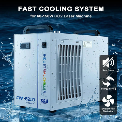 Heavy Duty Workhorse Water Chiller Featuring Seven Liter Tank And Point Nine Horsepower Pump Delivering Bulletproof Five Thousand Six Hundred Ninety Nine BTU Per Hour Cooling For Up To One Fifty Watt Co2 Laser Machines, industrial chiller unit in water.