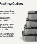 Stack of gray 4 Piece Packing Cubes Travel Set That Slashes Luggage Clutter With Space Saving Design, Double Zippers, Mesh Top