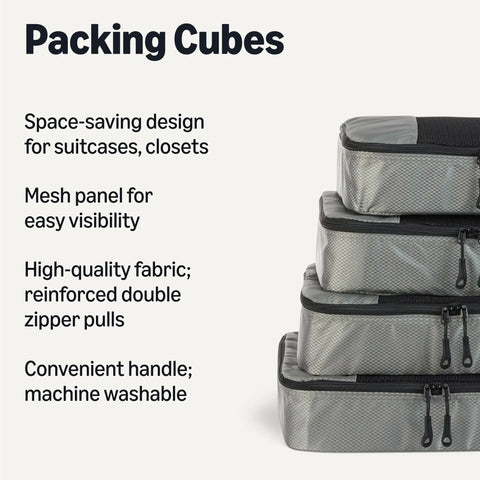 Stack of gray 4 Piece Packing Cubes Travel Set That Slashes Luggage Clutter With Space Saving Design, Double Zippers, Mesh Top