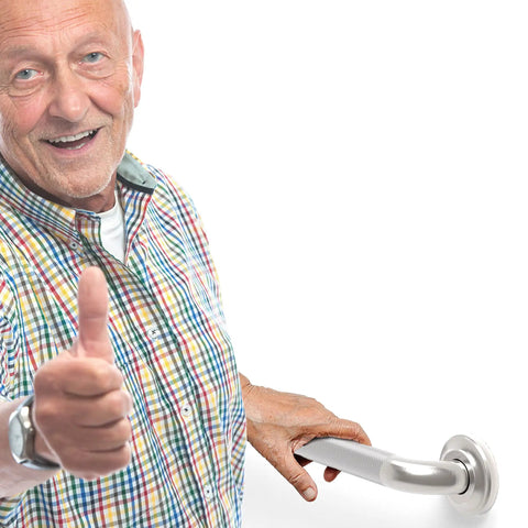 Senior man smiling, holding Heavy Duty 1-1/4 Inch Knurled Bath Grab Bar, ADA Compliant Shower Handrail, wall mount, stainless steel handle.