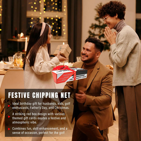 Family exchanging gifts at a dinner table with Ultimate Pop Up Golf Chipping Net Set For Portable Practice On The Go box visible