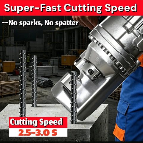 Heavy Duty 900W Electric Hydraulic Rebar Cutter demonstrating super-fast cuts on steel rebar in construction site setting.
