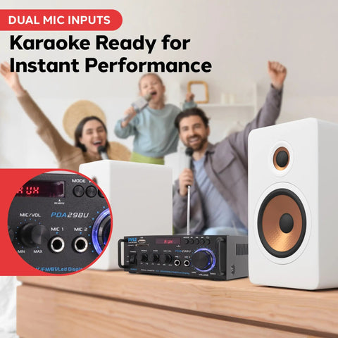 Beast 200W Peak Dual Channel Bluetooth Stereo Amplifier with LED display and mic inputs for home karaoke and party setup.