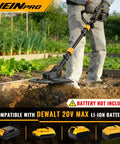 Beefed Up Cordless Tiller Cultivator For DeWalt 20V Max Batteries, 9 Inch Tilling Width, shown in use on garden soil