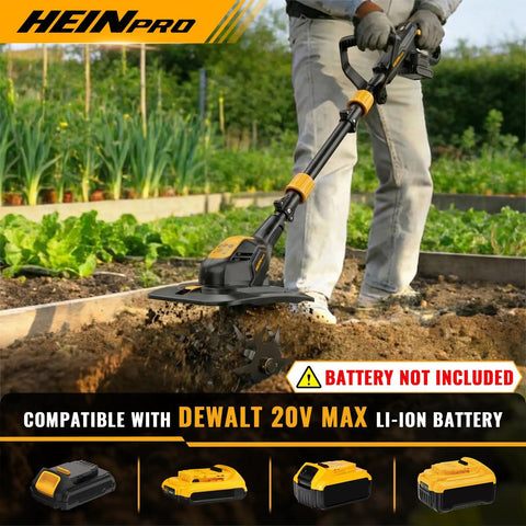 Beefed Up Cordless Tiller Cultivator For DeWalt 20V Max Batteries, 9 Inch Tilling Width, shown in use on garden soil
