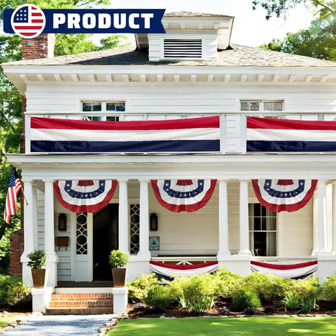 Patriotic Bunting US Flag Decorations 2 Pack 2x20 Ft Red White Blue Banner displayed on outdoor porch and garden