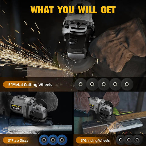 Cordless Angle Grinder 4-1/2 Inch Brushless Tool Only 6-Speed Variable For Cutting Grinding And Polishing in use with accessories
