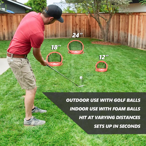 Man using Chipster Range Golf Chipping Practice Net Target System With Carrying Case Red Fast Popup Setup Three Target Zones