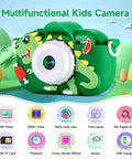 Awesome 48MP Dual Lens Kid Camera For Ages 3 To 9 With 1080P HD Video Selfie 32GB SD Card Included featuring dinosaur design.