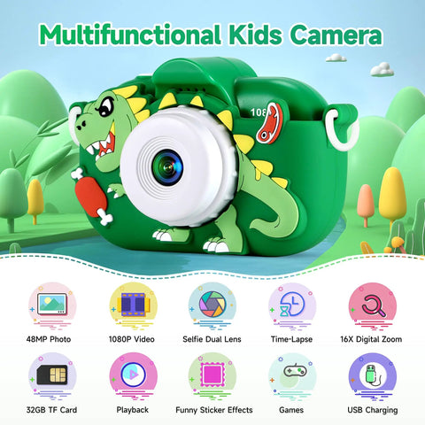 Awesome 48MP Dual Lens Kid Camera For Ages 3 To 9 With 1080P HD Video Selfie 32GB SD Card Included featuring dinosaur design.