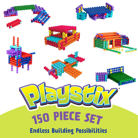 Playstix Construction Toy Set With Building Sticks For STEM Classrooms And Home Play Kid Friendly For Kids Ages 4 And Up 150 Piece Kit Color Coded Sticks For Open Ended Building And Creative Learning, showcasing various colorful structures.