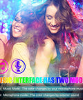 Women enjoying colorful lights with music interface modes displayed beneath.