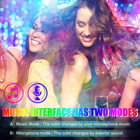 Women enjoying colorful lights with music interface modes displayed beneath.