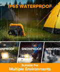 3500 Lumen Rechargeable Magnetic Work Light With Stand shown in waterproof conditions near a tent.