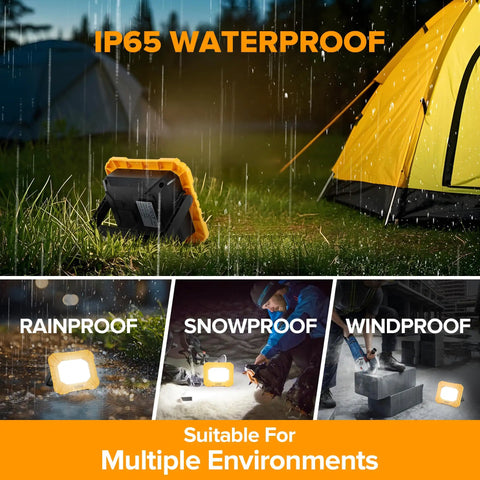 3500 Lumen Rechargeable Magnetic Work Light With Stand shown in waterproof conditions near a tent.