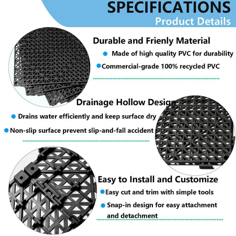 Interlocking Drainage Floor Tiles 12x12 Inch Pack Of 12 Non Slip Mats With Drainage Holes for Shower Pool Deck Wet Areas Basement Garage and Shed Soft PVC Rubber Cushion Mats for Fast Drying and Easy Cleaning details.