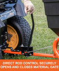 Close-up of tow behind lawn and garden broadcast spreader with 185 lb capacity, showing control rod and material gate mechanism.
