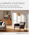 Arc Floor Lamp With Burlap Round Shade And Antique Bronze Base, 68 Inch Tall in modern living room setting, soft light.