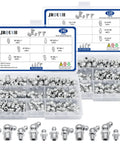 260-Piece SAE And Metric Grease Fittings Kit With Quarter Inch, Eighth Inch, M6 And M10 Straight, 90 Degree And 45 Degree Angled Zerks For Automotive And Industrial Use, Pro Grade, Heavy Duty Hydraulic Grease Fittings Assortment shown in plastic organizers with various fittings displayed.