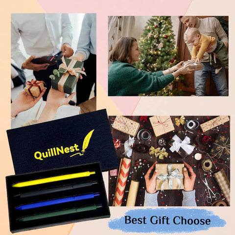 Collage of Funny Architect Pen Set Of 4 Engraved Ballpoint Pens gift box and holiday gift exchange scenes.