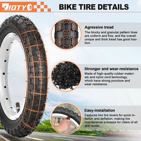 Two Pack Kids Bike Tire Set, 12 And 12.5 Inch Folding Replacement Tires with tubes, levers, rim strips, puncture resistant features
