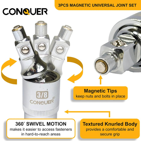 Two Stage Swivel Magnetic Socket Extensions For One Quarter, Three Eighths And One Half Inch Drives With Fixed And Pivot Modes, Replaces Two Tools, Built For Tight Spots And Easy Access In Confined Areas; 3/8-inch magnetic swivel joint