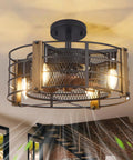 Wooden Farmhouse Ceiling Fan With Lights, Cage Style Indoor Vintage Ceiling Fan For Bedroom, Living Room, And Kitchen, Industrial Modern Pendant Light Or Recessed Mount, 6 Speed Low Profile Fan