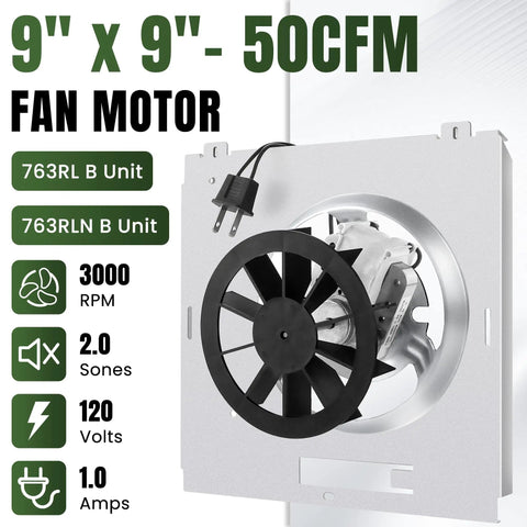 Replacement Bathroom Fan Motor For 9 X 9 In 50 CFM 2.0 Sone Fits Nutone Broan 763RLN B Unit And 769RL Series front view