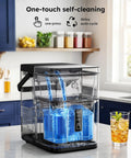No Sweat Countertop Nugget Ice Maker With Easy Grip Handle Produces Up To 38 Pounds Of Chewable Ice Daily, showing self-cleaning feature and water flow.