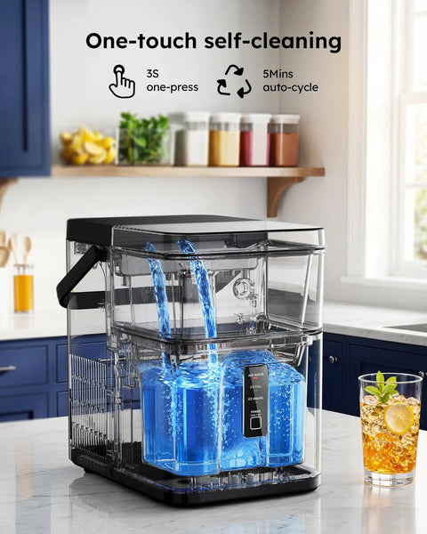 No Sweat Countertop Nugget Ice Maker With Easy Grip Handle Produces Up To 38 Pounds Of Chewable Ice Daily, showing self-cleaning feature and water flow.