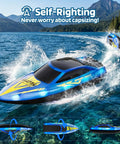 Kids RC Boat With LED Lights Self Righting Waterproof Fast Racer in action on water with speed display and self-righting feature